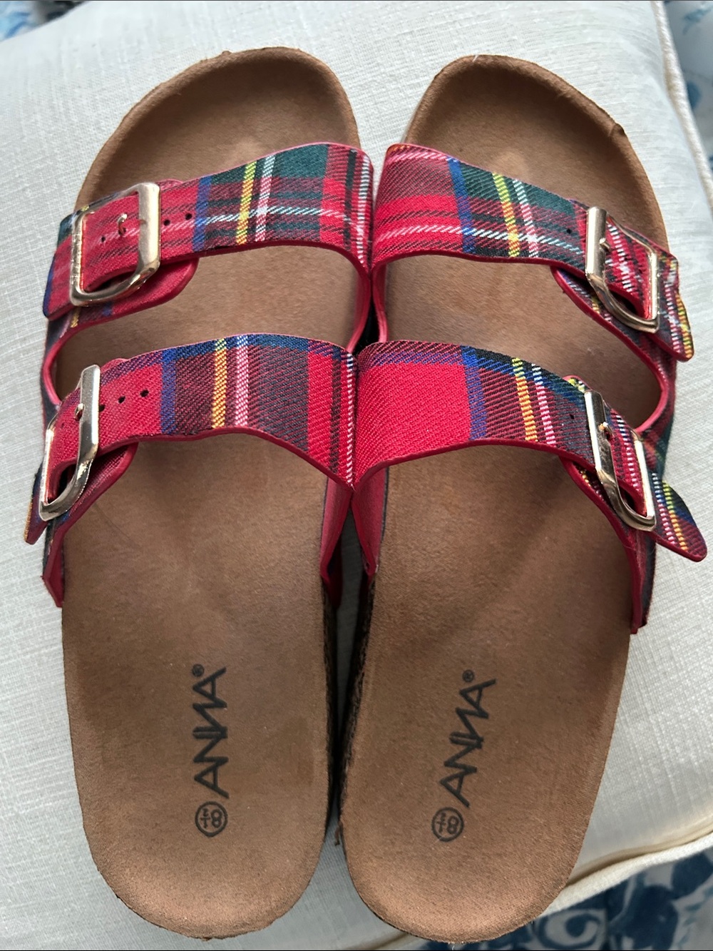 NEW.  Anna Red Plaid Dual-Buckle Slide Sandals Sz 8 1/2